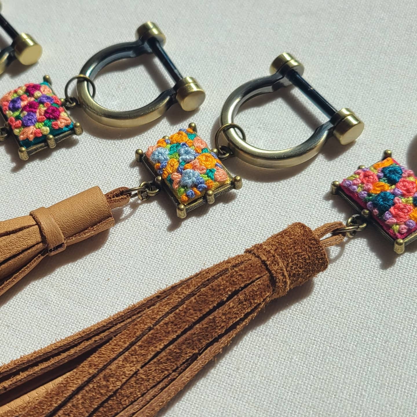 leather hand embroidered purse charm tassel keychain key ring