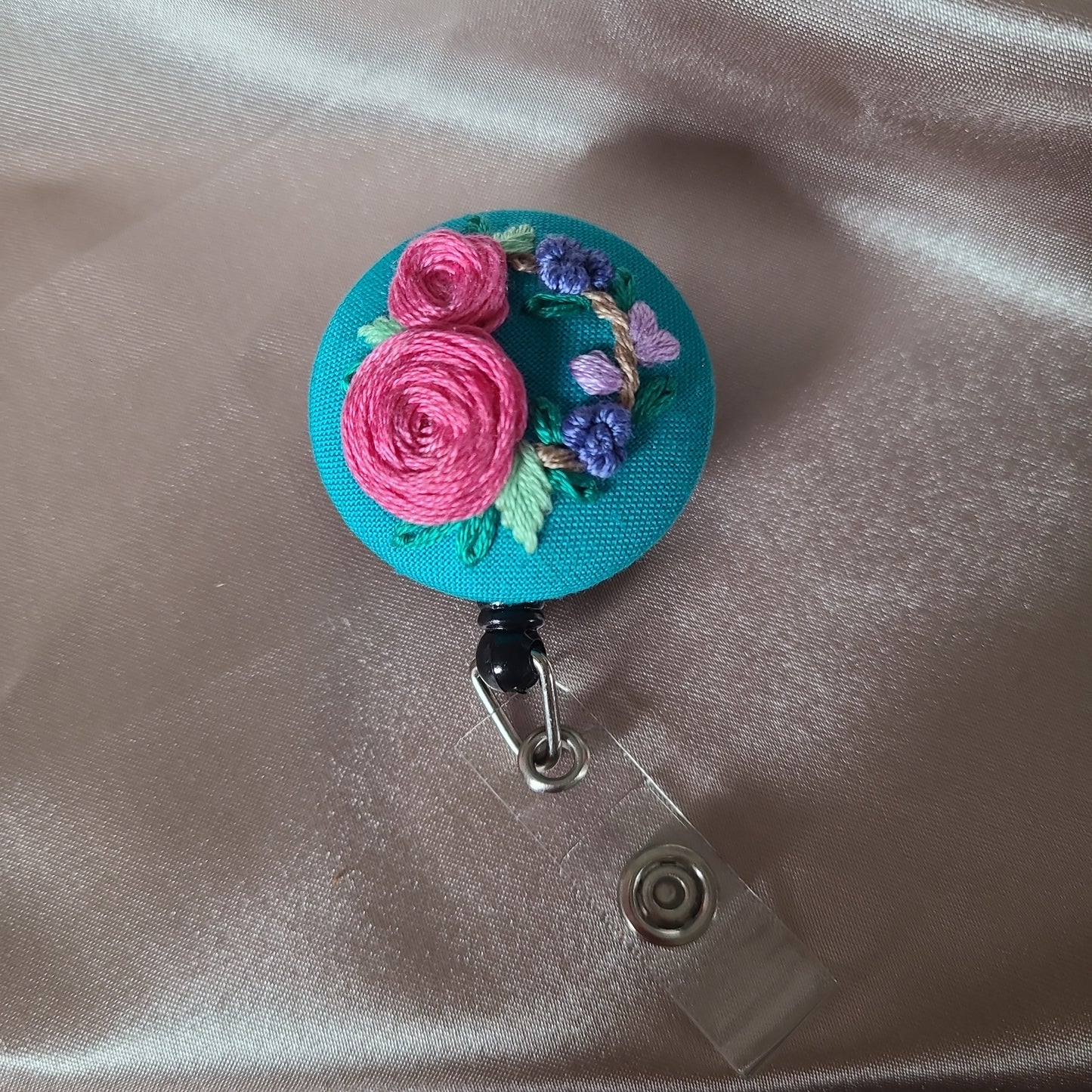 Pink Roses on Turquoise Hand Embroidered Retractable Badge Reel - Little Love Parcels