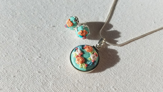 Light Orange Poppies with Pink Tourmaline Hand Embroidered Sterling Silver Earrings - Little Love Parcels