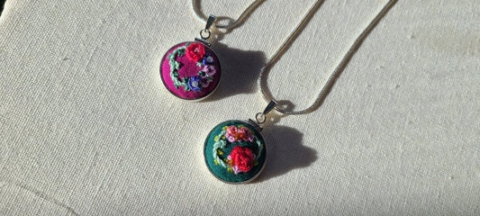 Red and Pink Roses with Orange Garnets Hand Embroidered Sterling Silver Necklace - Little Love Parcels