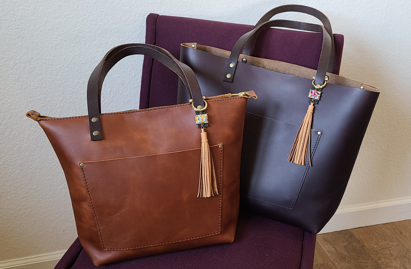 Lemon Yellow and Orange Flower Patch Leather Tassel Keyring Purse Charm - Little Love Parcels