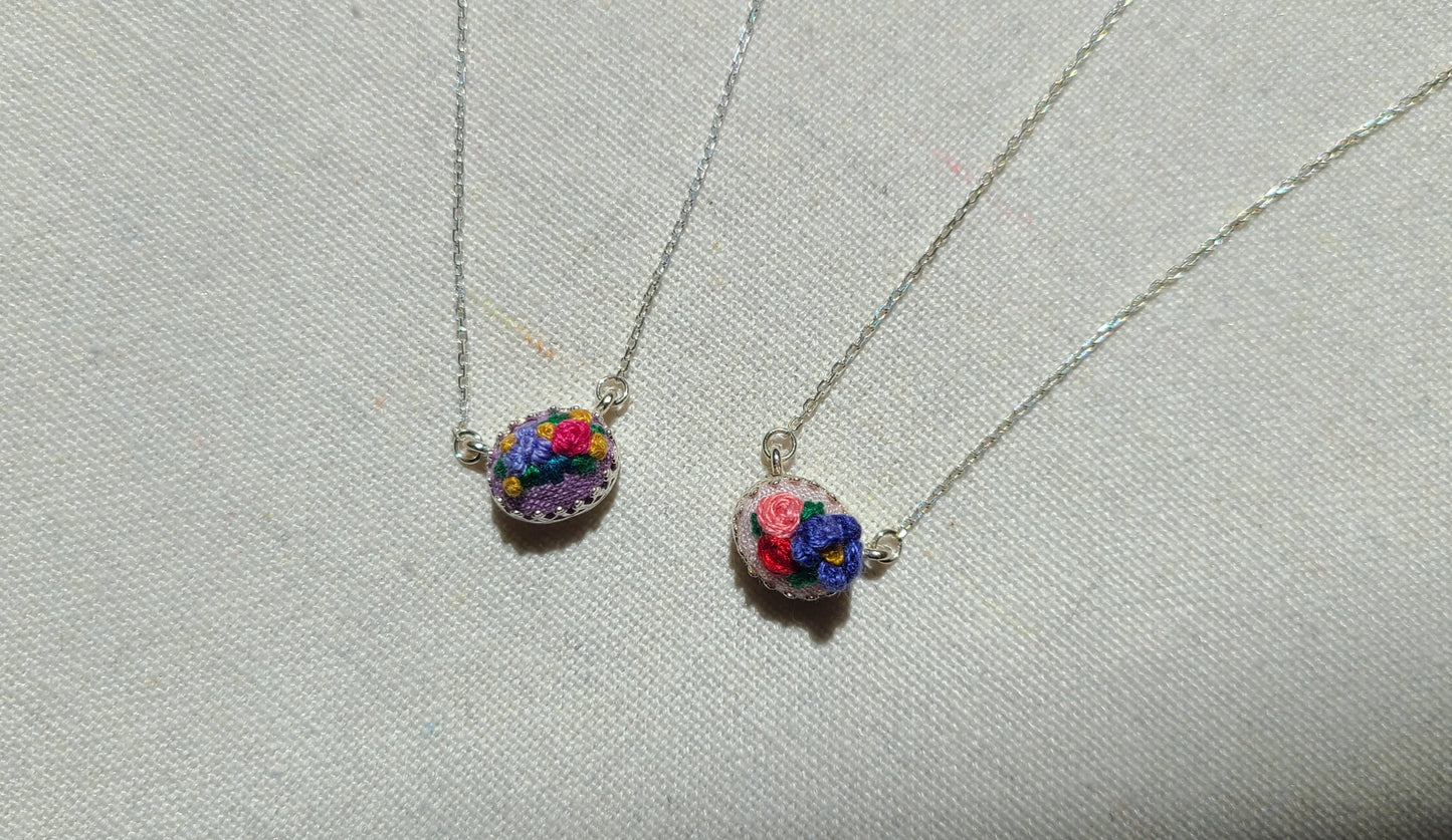 Hot Pink Rose with Purple Poppy on Lavender East-West Mini Sterling Silver Necklace - Little Love Parcels