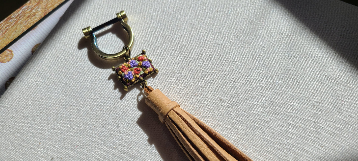 Cinnamon and Lavender and Orange Flower Patch Leather Tassel Keyring Purse Charm - Little Love Parcels