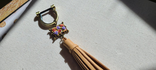 Cinnamon and Lavender and Orange Flower Patch Leather Tassel Keyring Purse Charm