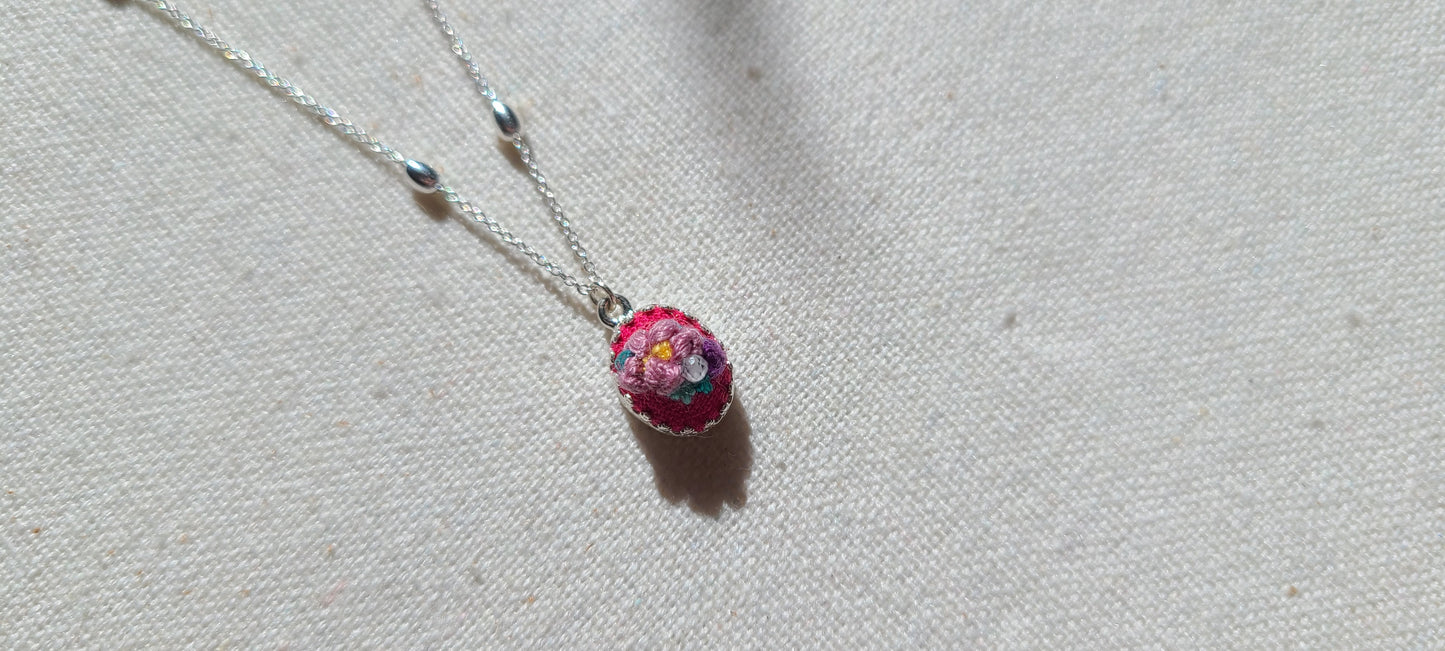 Lilic Poppies and Purple Roses on Hot Pink Mini Sterling Silver Necklace - Little Love Parcels