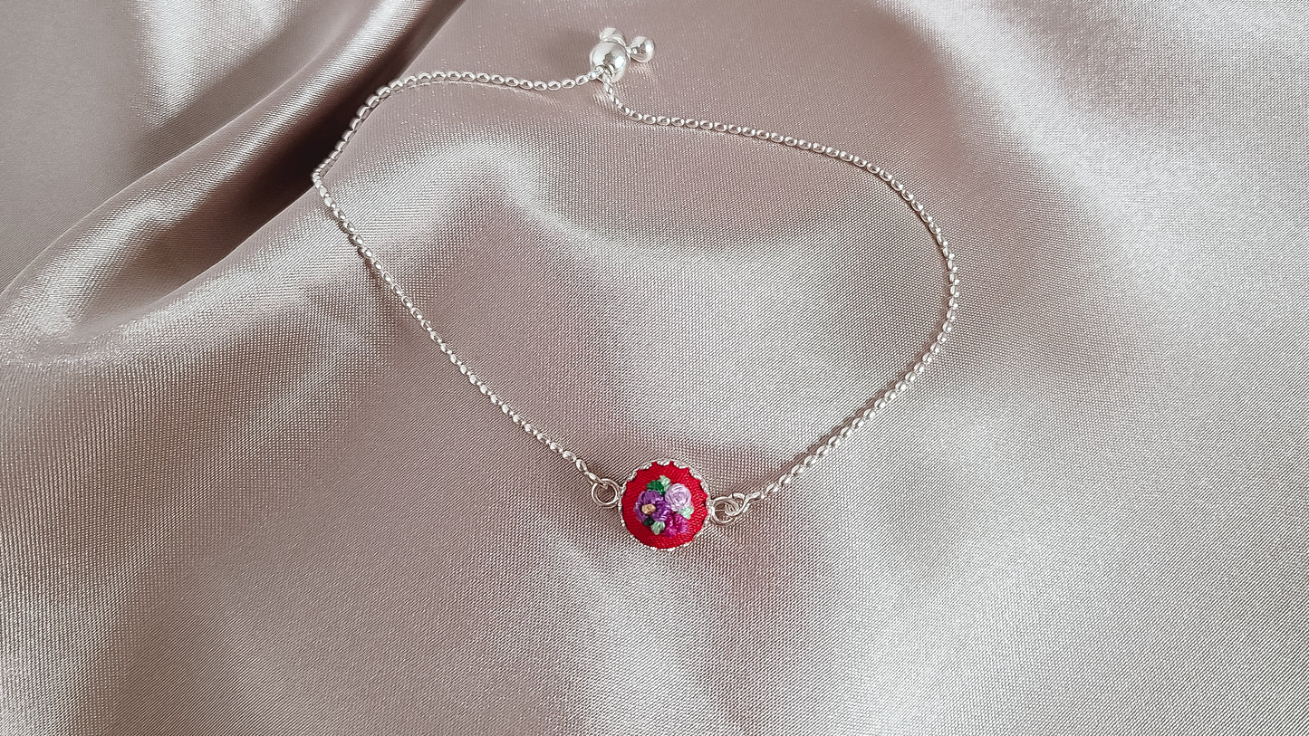 Purple and Magenta Poppies and Roses on Red Hand Embroidered Sterling Silver Bracelet - Little Love Parcels
