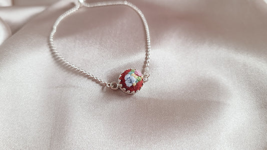 Light Blue Poppy and Pink Rose on Orange Hand Embroidered Sterling Silver Bracelet - Little Love Parcels