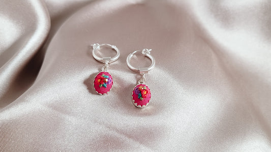 Purple Roses and Red Poppies with Genuine Tangerine Garnet Hoop Earrings - Little Love Parcels