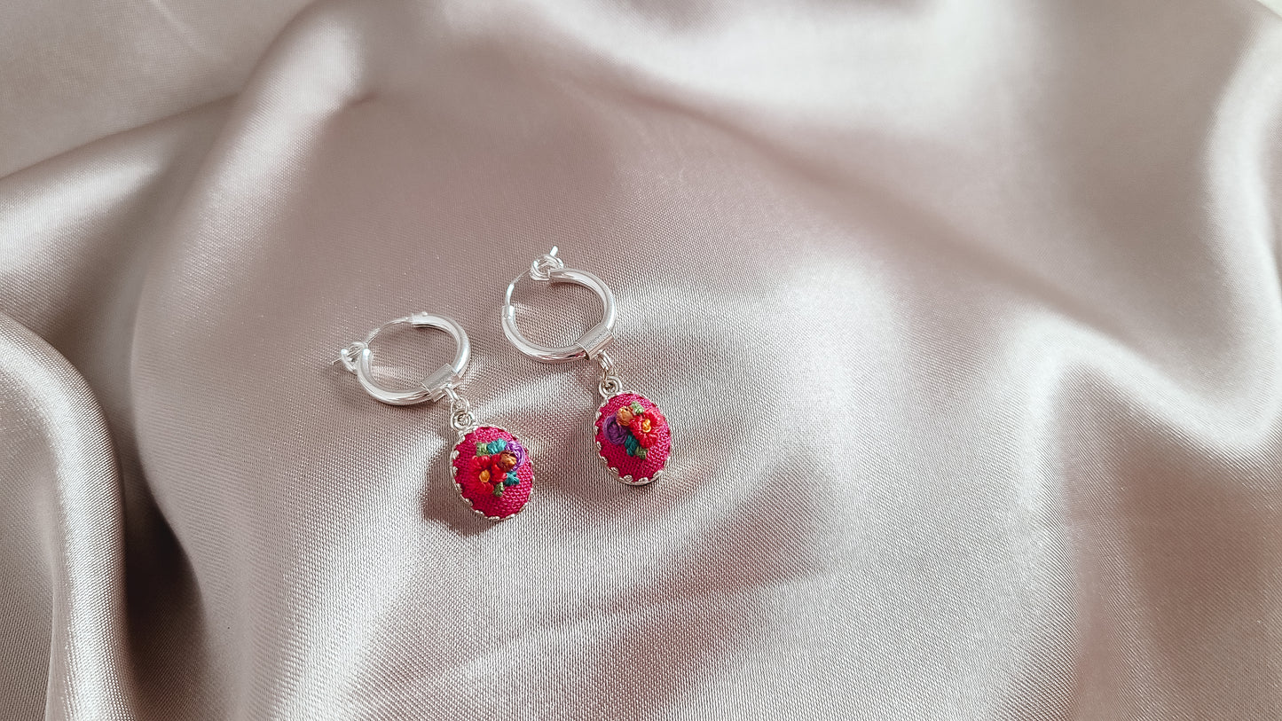 Purple Roses and Red Poppies with Genuine Tangerine Garnet Hoop Earrings - Little Love Parcels