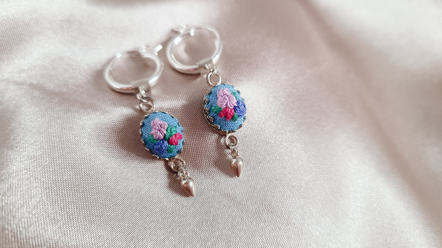 Lavender Poppy and Blue Rose Dangle Hoop Earrings - Little Love Parcels