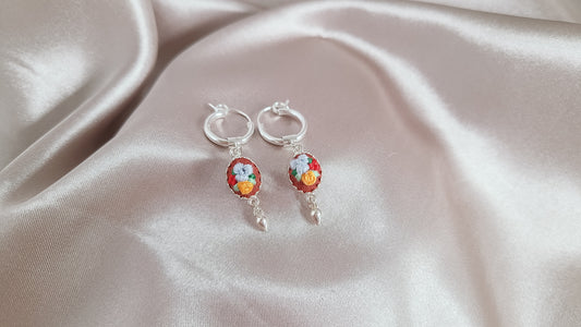 Blue Poppy and Orange Rose Hand Embroidered Dangle Hoop Earrings - Little Love Parcels