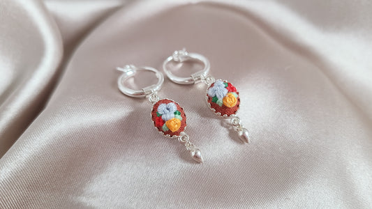 Blue Poppy and Orange Rose Hand Embroidered Dangle Hoop Earrings - Little Love Parcels