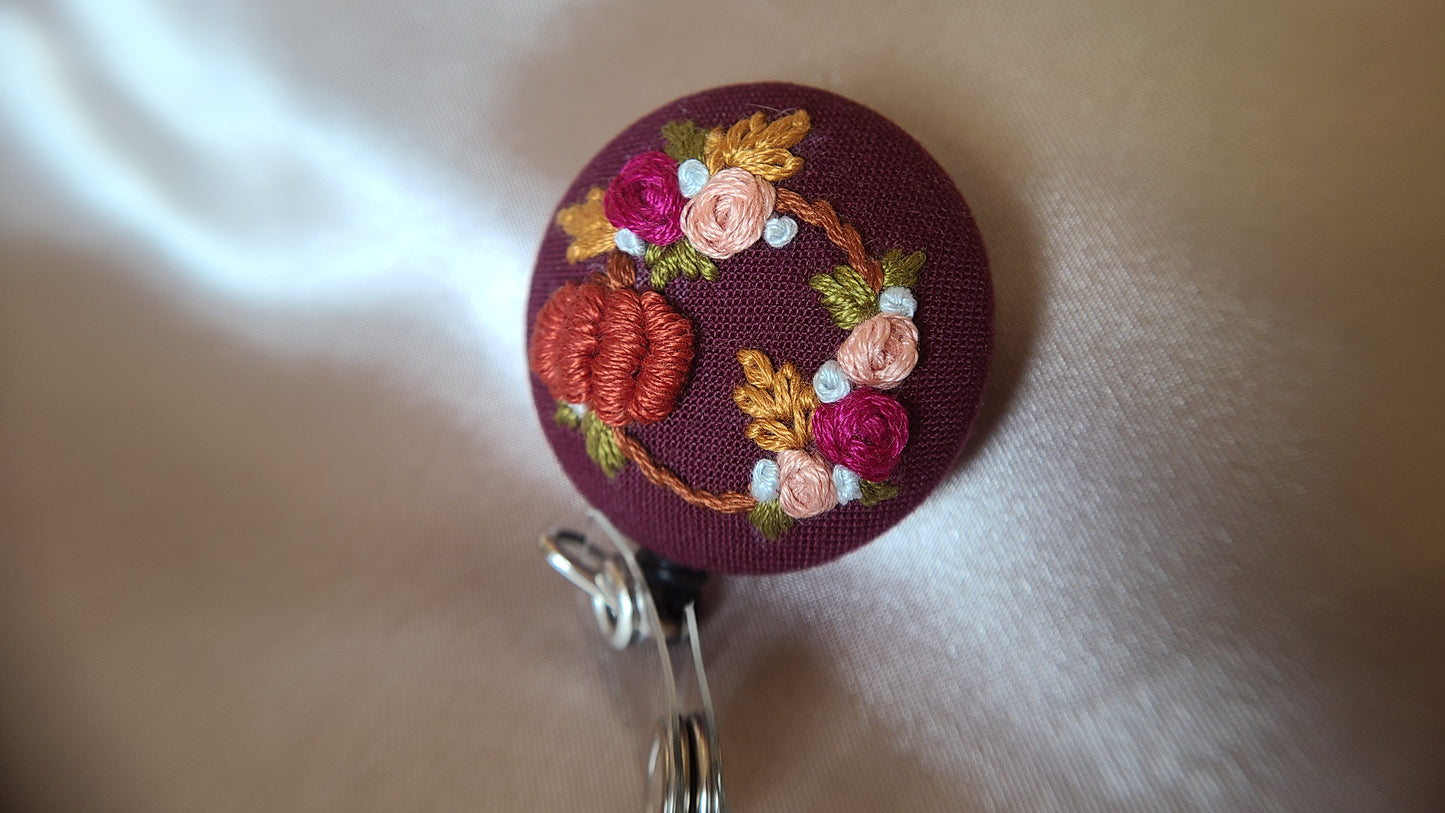 Mini Spiced Pumpkin Floral Wreath on Maroon Hand Embroidered Retractable Badge Reel - Little Love Parcels