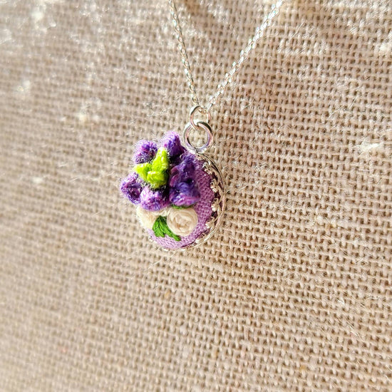 hand embroidered sterling silver necklace mini jewelry purple lilies roses