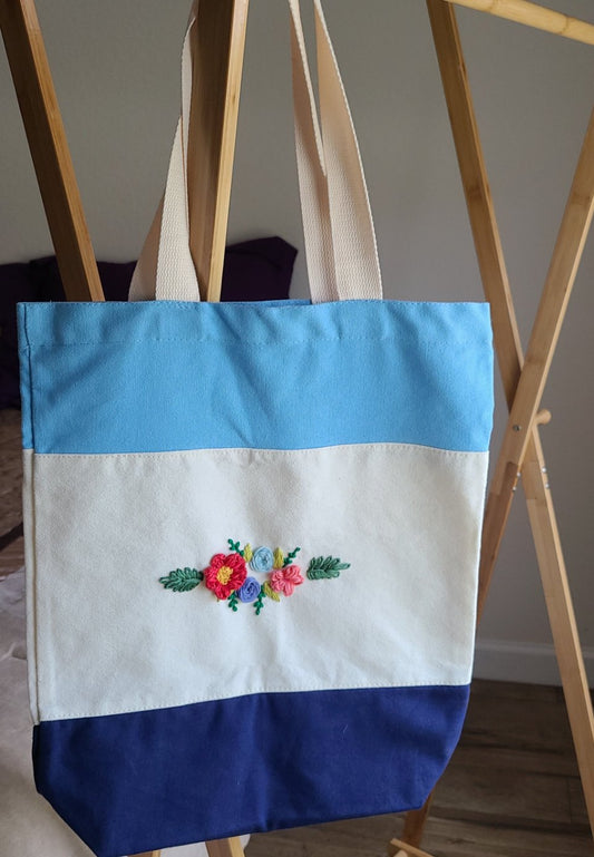tote bag hand embroidered floral sky blue