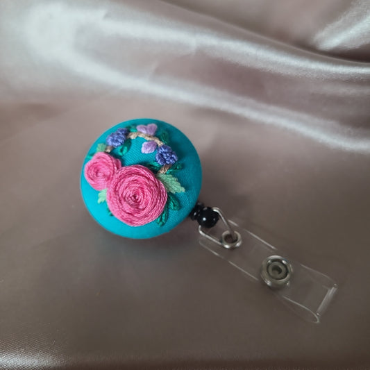 Pink Roses on Turquoise Hand Embroidered Retractable Badge Reel