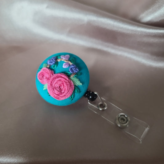 Pink Roses on Turquoise Hand Embroidered Retractable Badge Reel - Little Love Parcels