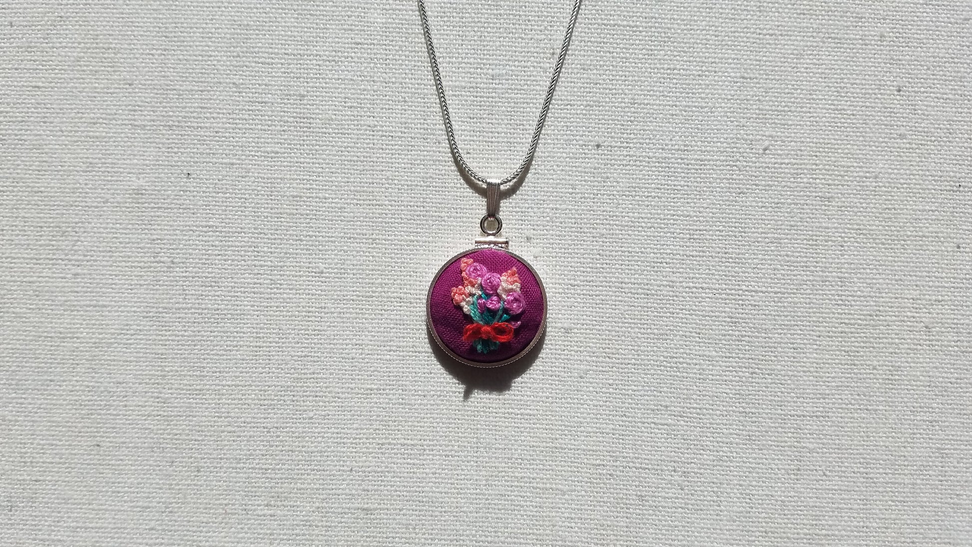 Purple Roses and Pink Hyancinths Bouquet on Plum Purple Hand Embroidered Sterling Silver Necklace - Little Love Parcels