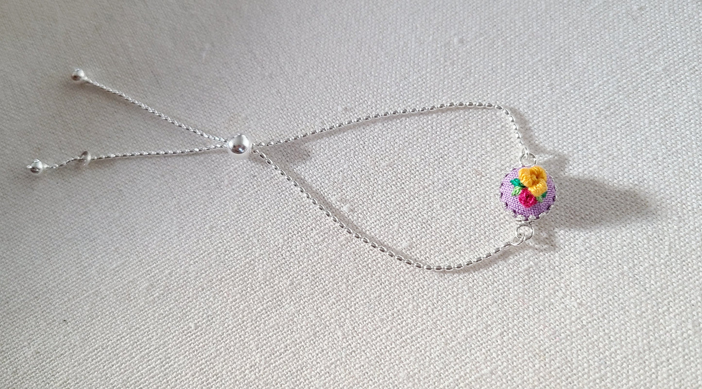 Yellow Pansy and Pink Rose on Lavender Have Embroidered Sterling Silver Bracelet
