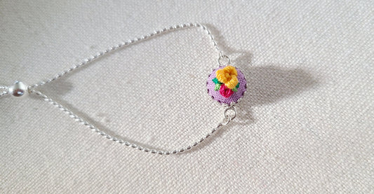 Yellow Pansy and Pink Rose on Lavender Have Embroidered Sterling Silver Bracelet