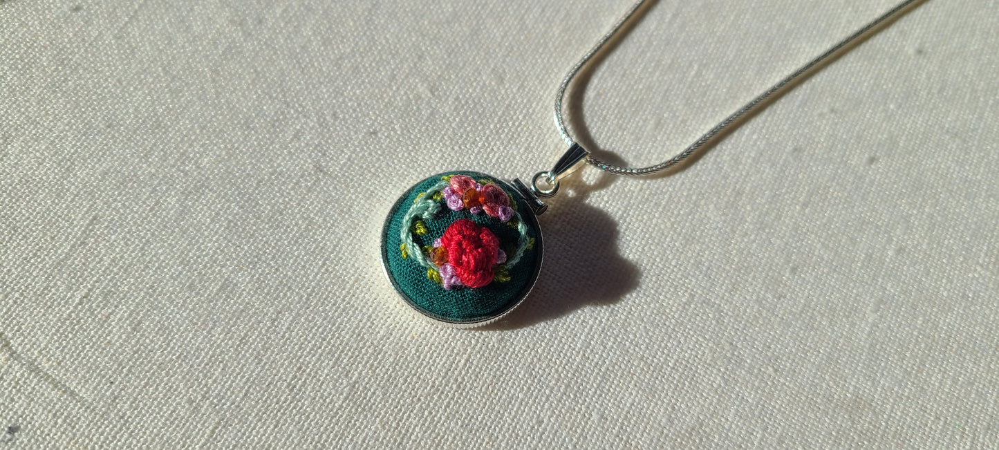 Red and Pink Roses with Orange Garnets Hand Embroidered Sterling Silver Necklace