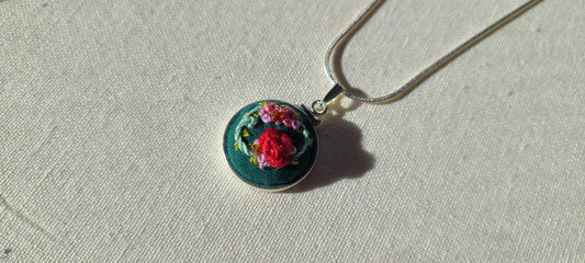 Red and Pink Roses with Orange Garnets Hand Embroidered Sterling Silver Necklace - Little Love Parcels
