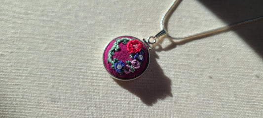 Red and Purple Roses with Violet Poppies and White Zircon Gemstones Hand Embroidered Sterling Silver Necklace - Little Love Parcels