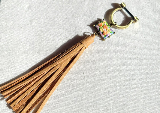 Lemon Yellow and Orange Flower Patch Leather Tassel Keyring Purse Charm - Little Love Parcels
