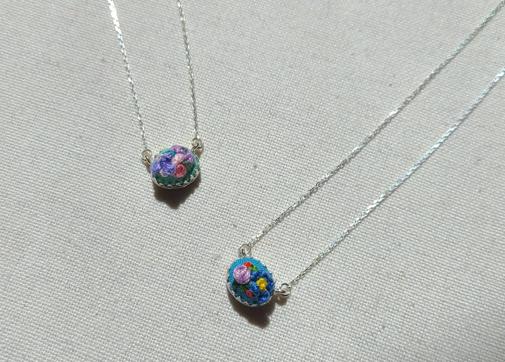 Lavender Poppy with Pink and Purple Blooms on Mint Green East-West Mini Sterling Silver Necklace