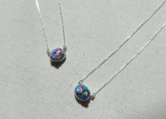 Lavender Poppy with Pink and Purple Blooms on Mint Green East-West Mini Sterling Silver Necklace - Little Love Parcels