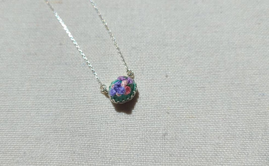 Lavender Poppy with Pink and Purple Blooms on Mint Green East-West Mini Sterling Silver Necklace - Little Love Parcels