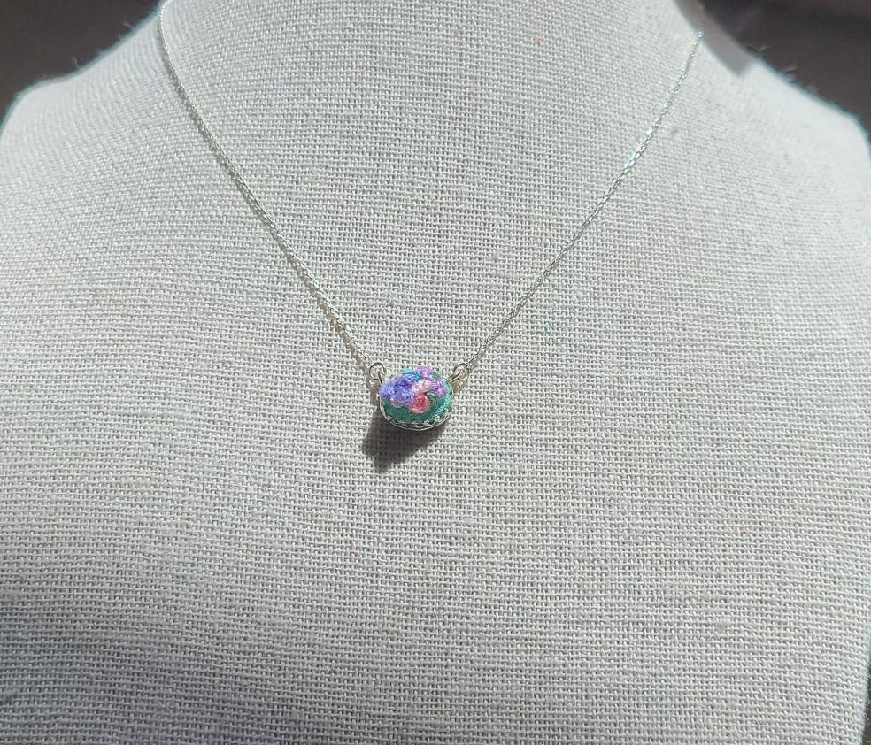 Lavender Poppy with Pink and Purple Blooms on Mint Green East-West Mini Sterling Silver Necklace