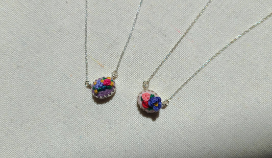 Hot Pink Rose with Purple Poppy on Lavender East-West Mini Sterling Silver Necklace - Little Love Parcels