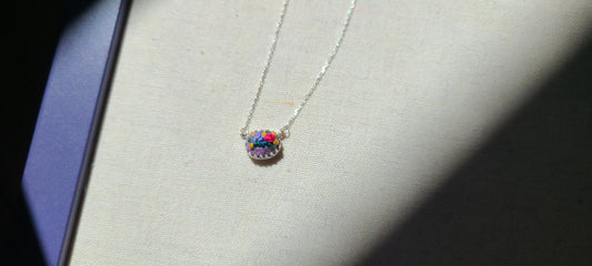 Hot Pink Rose with Purple Poppy on Lavender East-West Mini Sterling Silver Necklace