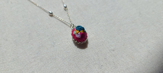 Navy Carnation with Magenta and Purple Roses on Hot Pink Mini Sterling Silver Necklace - Little Love Parcels