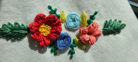 Blue Tote Bag with Bright Hand Embroidered Flowers - Little Love Parcels