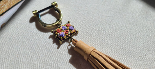 Cinnamon and Lavender and Orange Flower Patch Leather Tassel Keyring Purse Charm