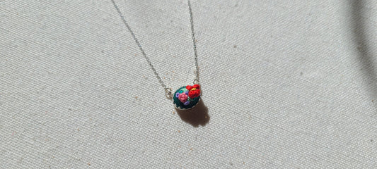 Pink Rose with Red Poppy on Green East-West Mini Sterling Silver Necklace