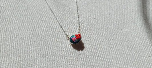 Pink Rose with Red Poppy on Green East-West Mini Sterling Silver Necklace - Little Love Parcels