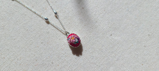 Lilic Poppies and Purple Roses on Hot Pink Mini Sterling Silver Necklace