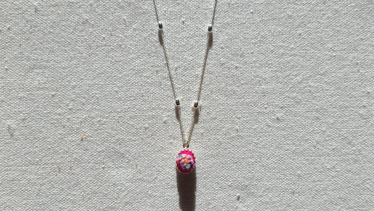 Lilic Poppies and Purple Roses on Hot Pink Mini Sterling Silver Necklace