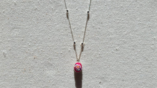 Lilic Poppies and Purple Roses on Hot Pink Mini Sterling Silver Necklace - Little Love Parcels