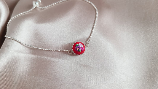 Purple and Magenta Poppies and Roses on Red Hand Embroidered Sterling Silver Bracelet - Little Love Parcels