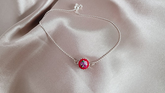 Purple and Magenta Poppies and Roses on Red Hand Embroidered Sterling Silver Bracelet - Little Love Parcels