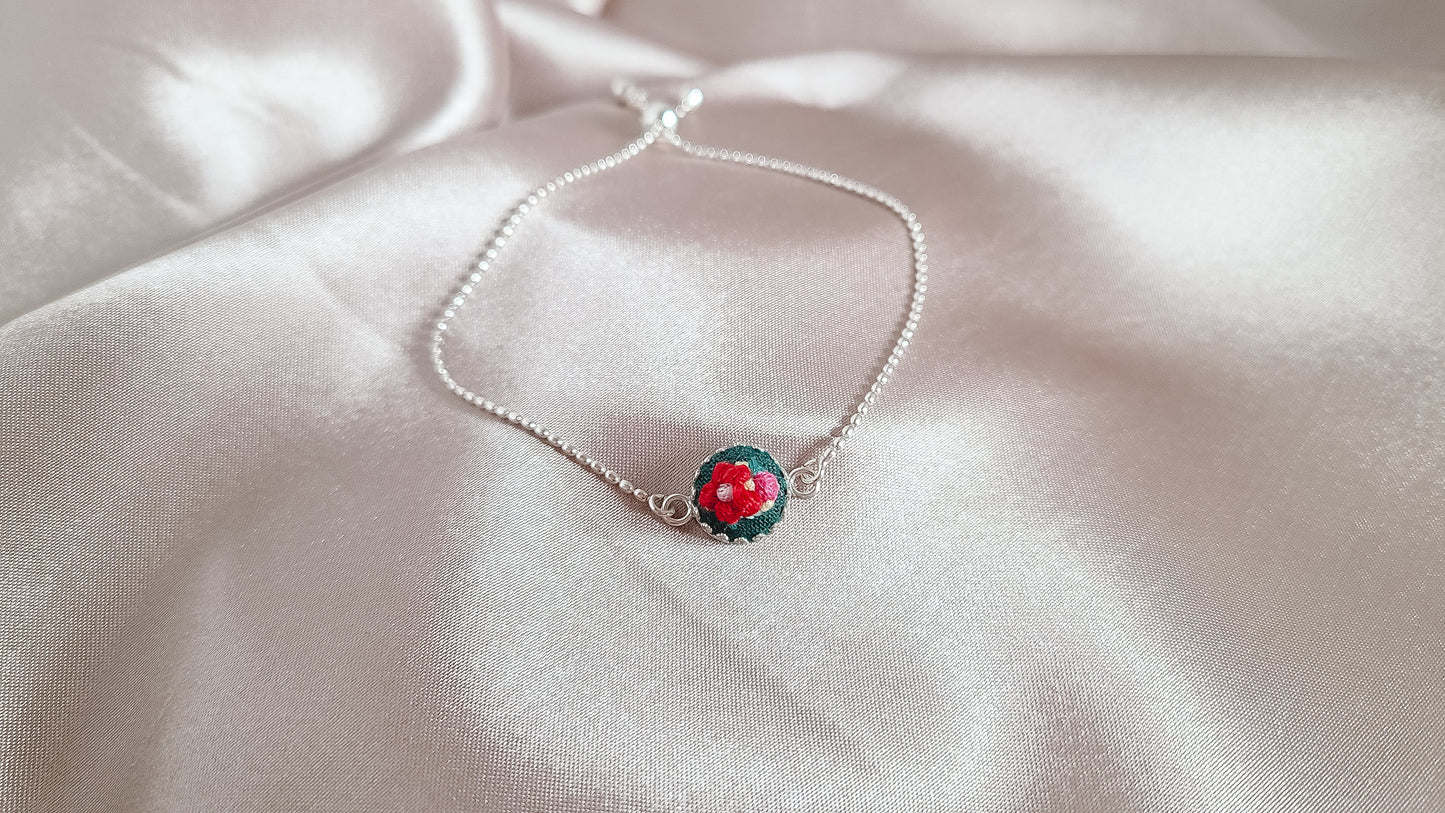 Red and Pink Roses on Green Hand Embroidered Sterling Silver Bracelet