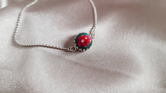 Red and Pink Roses on Green Hand Embroidered Sterling Silver Bracelet