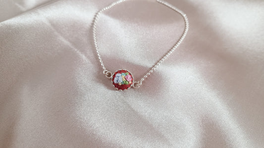 Light Blue Poppy and Pink Rose on Orange Hand Embroidered Sterling Silver Bracelet - Little Love Parcels