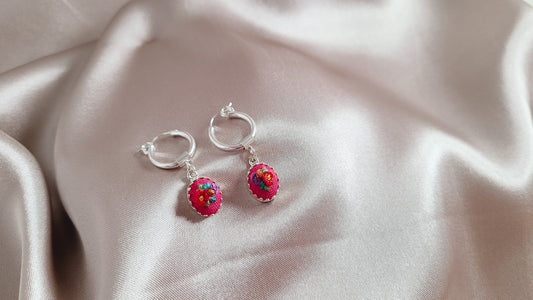Purple Roses and Red Poppies with Genuine Tangerine Garnet Hoop Earrings