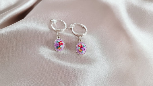 Red Poppies and Purple Roses with Genuine Tangerine Garnet Hoop Earrings