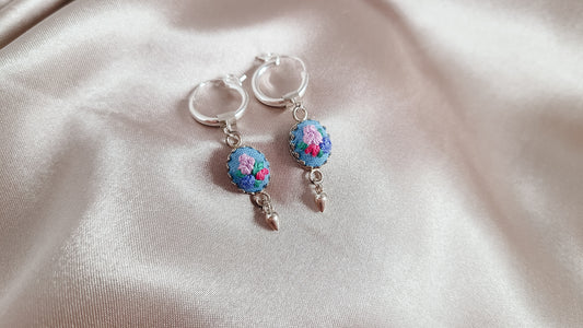 Lavender Poppy and Blue Rose Dangle Hoop Earrings